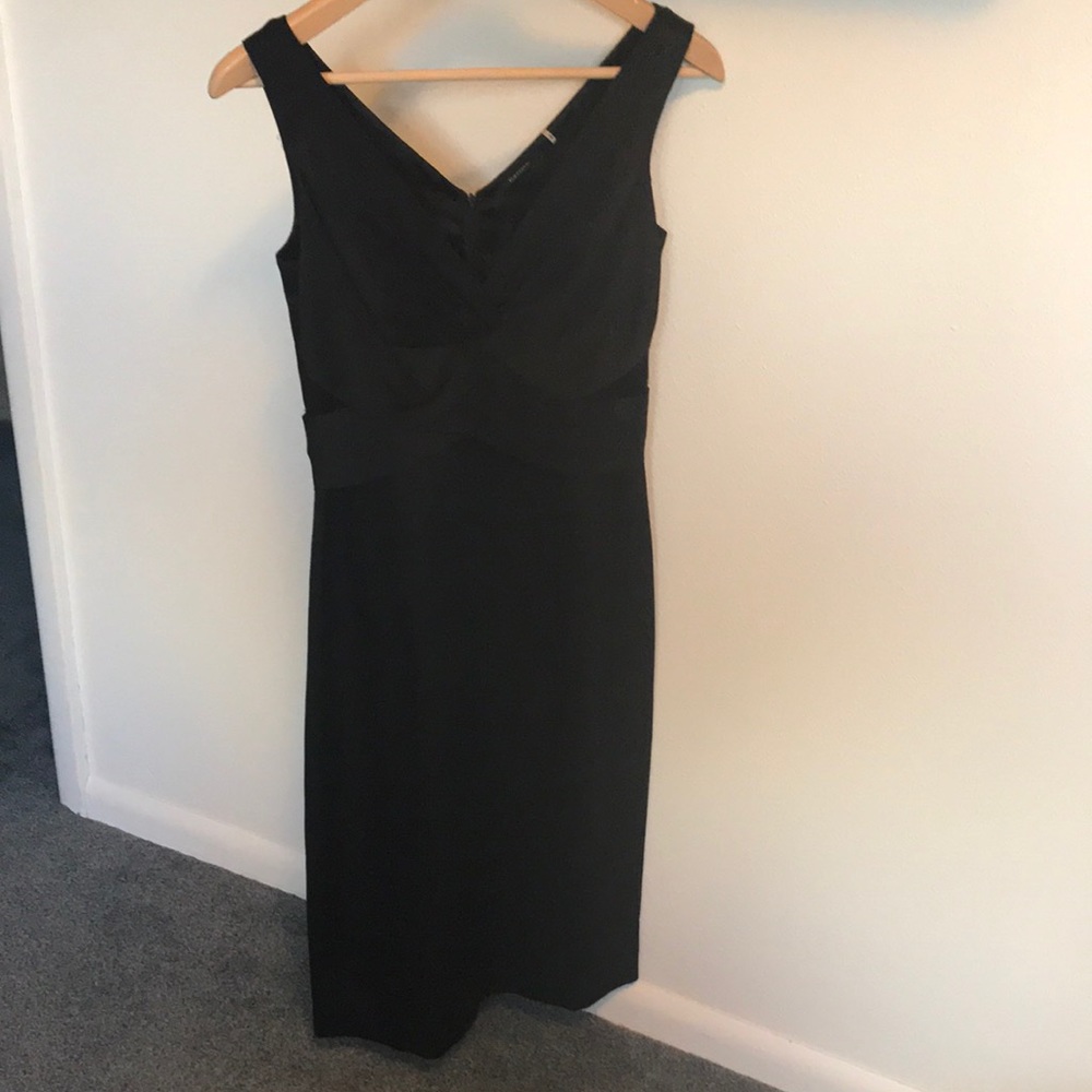 Black satin Eli Tahari short evening gown.